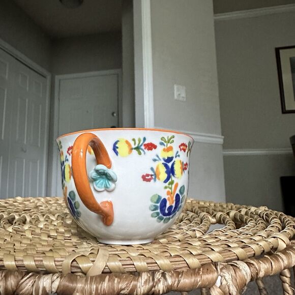 Anthropologie Cadiz Floral Mug With Orange Handle And Blue Flower - Picture 11 of 12